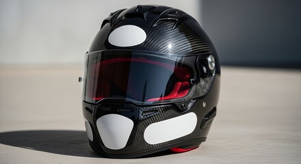 Black Motorcycle Helmet with Red Visor on Concrete Surface.