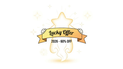 Lucky Offer with Star Icon: A vibrant illustration showcasing a golden star with a banner proclaiming a Lucky Offer, promising discounts ranging from 20% to 60%, perfect for marketing promotions.