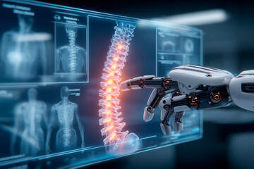 AI robotic hands analyze digital medical scans to provide advanced medical diagnoses.