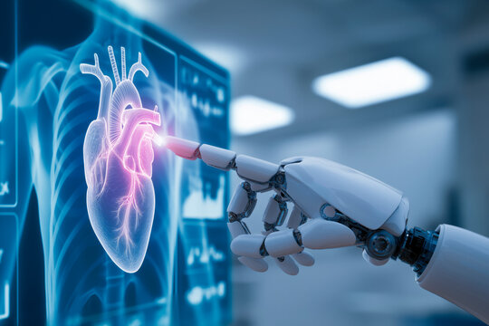 AI robotic hands analyze digital medical scans to provide advanced medical diagnoses.