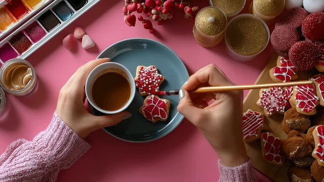Overhead angle showing faceless designer creating detailed seamless pattern with New Year confections, with copy space