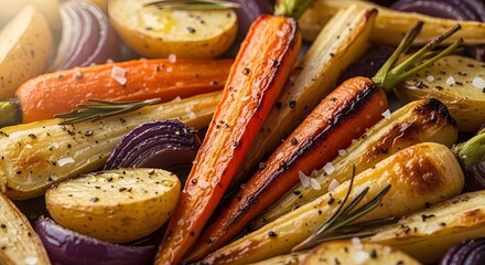 Perfectly golden roasted root vegetables carrots, parsnips, potatoes, and red onions, seasoned with rosemary, salt, and pepper for a delicious meal