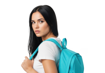 Young woman with long dark hair wearing a white t shirt and a bright blue backpack isolated on transparent background