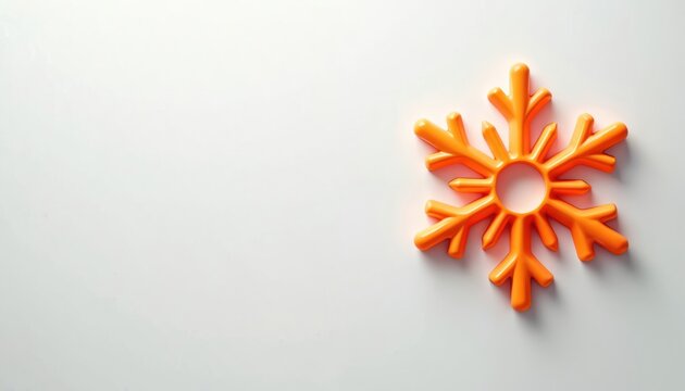 Bright orange snowflake graphic rests on white backdrop. Simple modern abstract winter icon offers clean design for festive seasonal promos or any cold weather theme needs.
