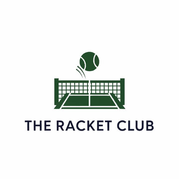 Minimalist green logo for The Racket Club featuring a tennis court and ball.