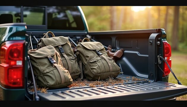 Pickup truck bed holds olive green backpacks and hunting rifles. Ready for outdoor adventure trip. Gear packed for wilderness exploration. Forest sunset highlights trail prep. Adventure awaits. - Powered by Adobe