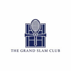 Tennis Club Logo Featuring Racket and Court Design.