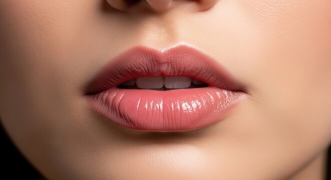 Close-up of female lips with glossy pink lipstick on caucasian young adult