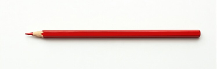 Fototapeta premium A single red pencil lies diagonally on a clean white background. Its tip is sharp, ready for drawing or writing. This simple object represents creativity, art, and education.