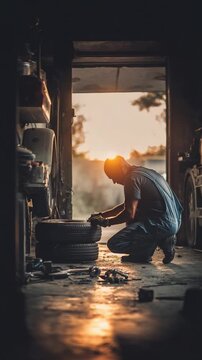 Mechanic's Workshop Silhouette: A hardworking mechanic focuses intently on his task amidst the rustic charm of a dimly lit workshop, silhouetted by the warm glow of the setting sun.