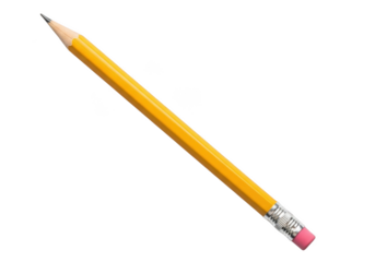 A classic yellow wooden pencil with a sharpened graphite tip and a pink eraser on the end isolated on transparent background
