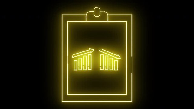 A neon yellow clipboard displays glowing updown graph icons against a dark background