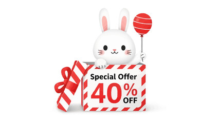 Easter Bunny and Special Offer: A charming cartoon bunny peeks out of a festive gift box, announcing a special offer, perfectly crafted for seasonal promotions and cheerful greetings.