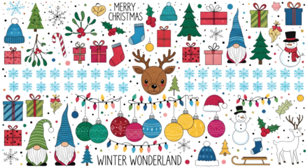 Collection of christmas and winter holiday elements including gnomes, reindeer, snowmen, gifts, snowflakes, and festive decorations on a transparent background