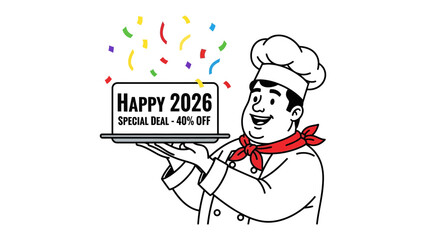 Chef's Special 2026 Deal: A cartoon chef holds a tray bearing a celebratory sign for 2026, offering a special deal of 40% off, signifying culinary delights and value.