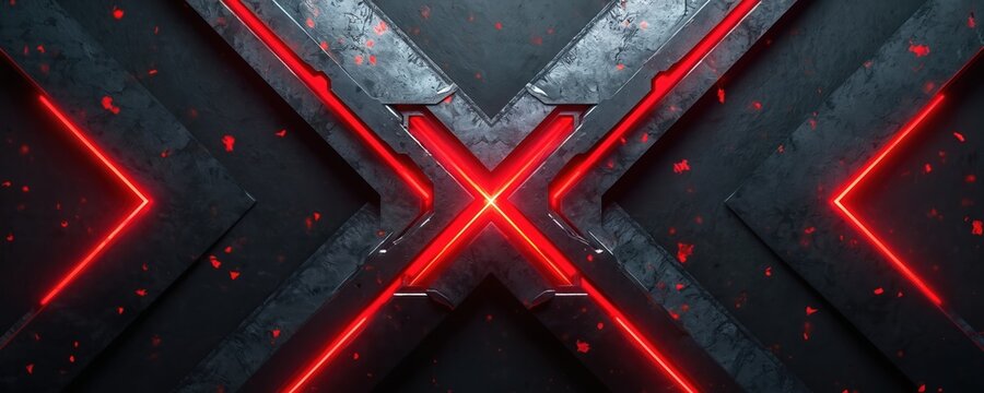 Dark textured surface with glowing red geometric lines forming an X shape. Metallic and futuristic design ideal for gaming or tech promotions. Abstract background with bright red accents.