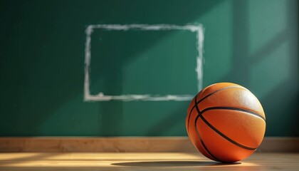 Fototapeta premium Basketball lies near chalkboard. Frame is drawn on green board. Coaching planning sport concept. Ball prepares for next game. Light falls on wooden surface.