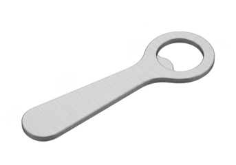 A simple silver metal bottle opener tool with a flat handle and a circular opening for caps isolated on transparent background