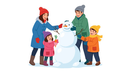 Family Winter Wonderland: A cheerful family creates a snowman, symbolizing togetherness and winter joy, in a snowy landscape. 