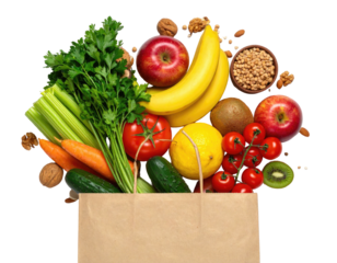Paper bag filled with colorful fresh fruits and vegetables