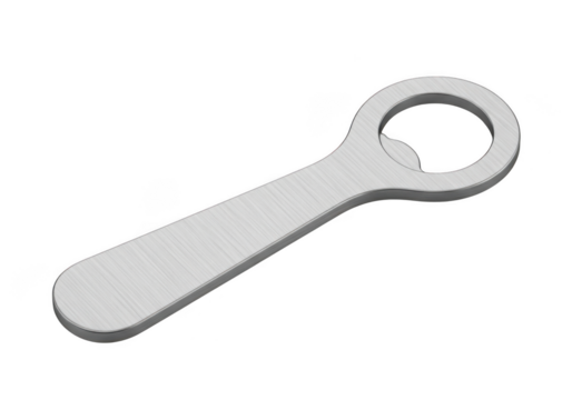 A simple silver metal bottle opener tool with a flat handle and a circular opening for caps isolated on transparent background