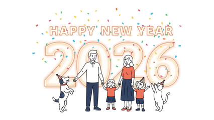 New Year's Family Celebration: A joyful family celebrates the arrival of the New Year, surrounded by festive decorations and good cheer, symbolizing hope and togetherness for the year ahead.