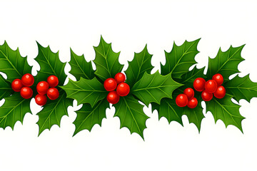Christmas Holly Green Leaves and Red Berries Traditional Winter Holiday Symbol Isolated on Transparent Background