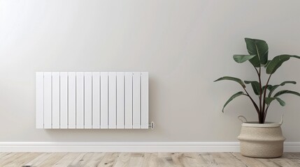 White wall radiator mounted on beige wall with wooden floor and potted green plant in woven basket.