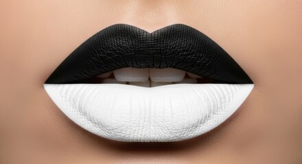 Close-up of female lips with black and white split lipstick design