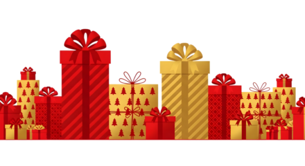 A festive border of red and gold gift boxes with bows, isolated on transparent background