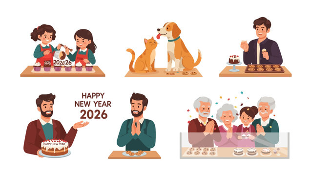 Sweet Delights and Warmth: Capturing heartwarming scenes of crafting cupcakes, loving pets, creating delightful food, and sharing in the joy of the New Year, and bakery.