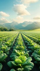 Rows of fresh green cabbage grow in a vast sunlit field with distant rolling mountains under a cloudy sky.