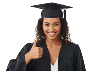 Young woman wearing graduation cap and gown gives thumbs up gesture of approval isolated on transparent background