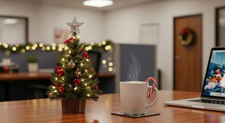 Small decorated Christmas tree with glowing lights and ornaments next to a steaming mug with a candy cane on a wooden office desk, creating a festive holiday work environment.