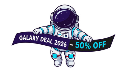Astronaut with Discount Banner: A charming astronaut, bearing a banner advertising an incredible deal, inviting customers to seize the moment, making this image perfect for space-themed promotions