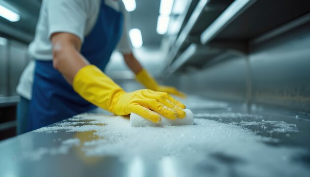 Person in yellow gloves scrubs stainless steel kitchen counter. Worker cleaning commercial kitchen surface ensures hygiene. Cleaning process in food service establishment.