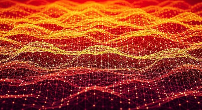 Abstract technological background featuring a glowing red and orange wireframe mesh or network, forming undulating waves or a digital landscape. Represents big data, AI, digital communication, or ener