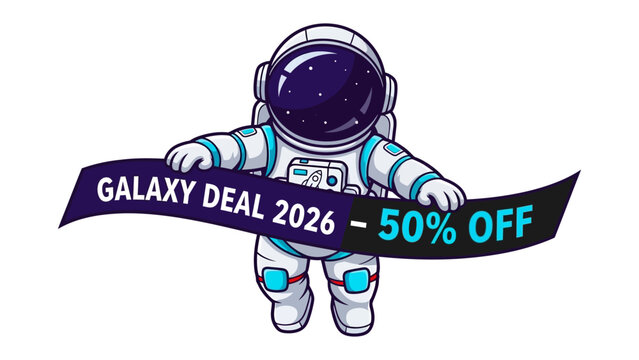 Astronaut with Discount Banner: A charming astronaut, bearing a banner advertising an incredible deal, inviting customers to seize the moment, making this image perfect for space-themed promotions