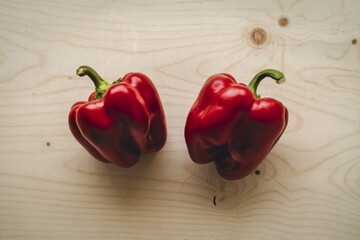 A clean product photography shot of two vibrant red bell peppers