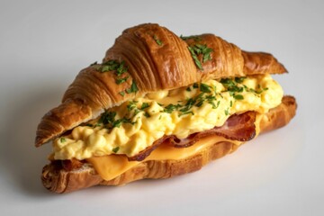 A close-up photograph of a golden-brown croissant sandwich