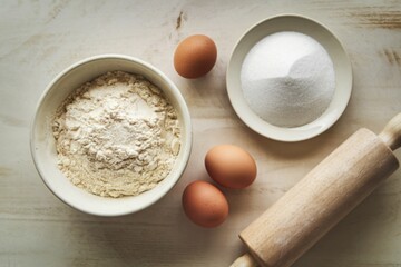 A photo of a bowl containing flour, fresh eggs, and a plate with sugar