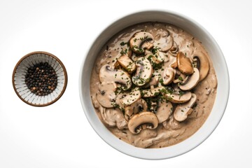 A photo of a bowl filled with a creamy mushroom sauce