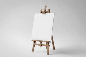 a weathered wooden easel holding a blank, crisp white canvas