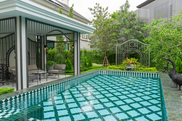 Backyard home patio and swimming pool for leisure lifestyle,