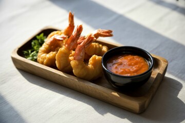 wooden tray artfully displaying golden-brown, crispy fried shrimp