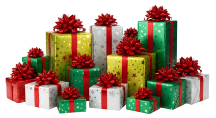 Assortment of colorful christmas gift boxes with red bows isolated on transparent background