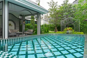 Backyard home patio and swimming pool for leisure lifestyle,