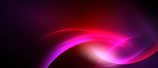 Abstract vibrant curves, flowing light. Deep reds, pinks blend into darkness. Modern design, energetic feel. Smooth gradients create dynamic visual impact.