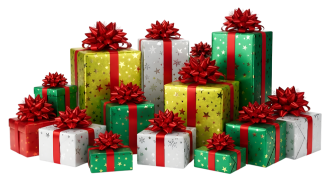 Assortment of colorful christmas gift boxes with red bows isolated on transparent background