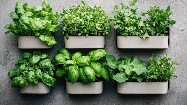 Healthy green herbs growing in containers on a textured wall